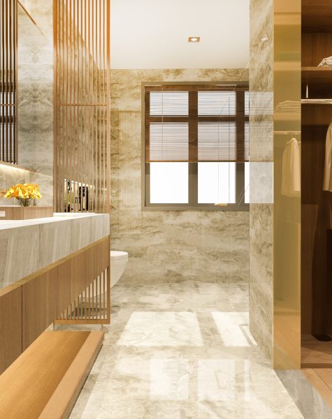 3d rendering modern design and marble tile toilet and bathroom and wardrobe with walk in closet